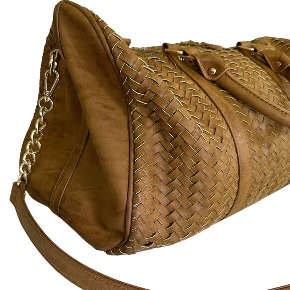 Madison West Tan Woven Satchel Shoulder Bag Chain Strap Travel Carry On NWOT - Picture 2 of 16